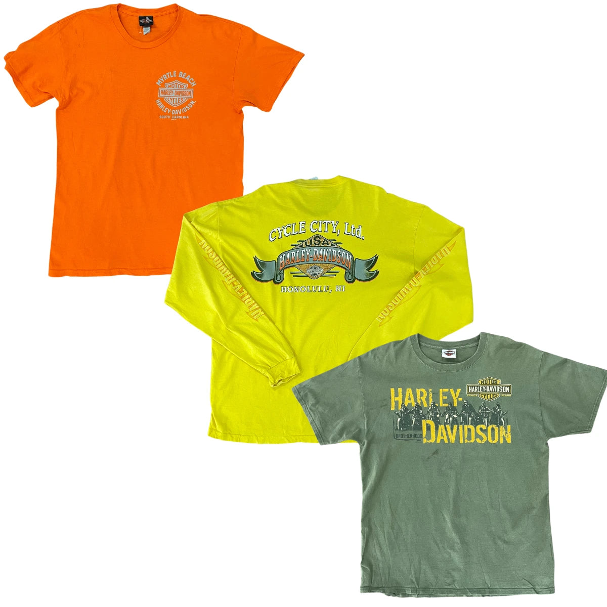 Collection of Three vintage Harley-Davidson graphic t-shirts in orange, neon yellow, and sage green, arranged diagonally on a plain white background. in a gallery layout