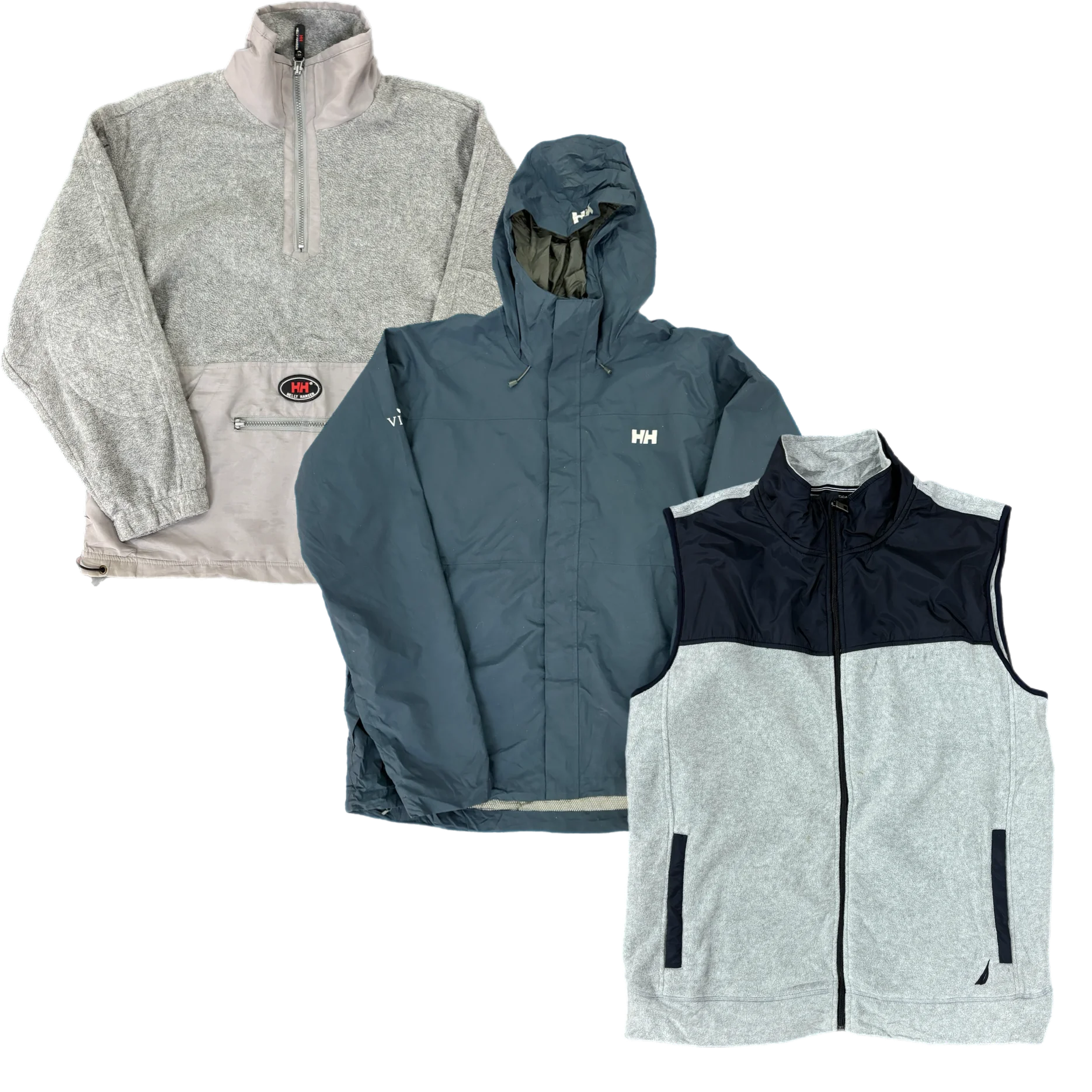 Collection of Three outdoor apparel items arranged on a white background: a heather gray and beige quarter-zip fleece, a slate blue hooded jacket with a small white Helly Hansen logo, and a heather gray and navy sleeveless zip vest. in a gallery layout