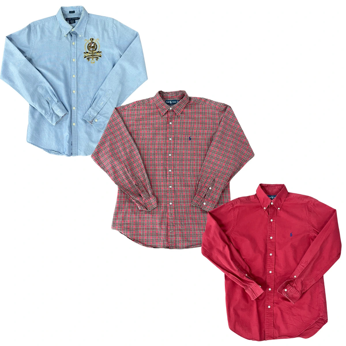 Collection of Three long-sleeve button-down shirts from Polo Ralph Lauren arranged on a white background: a light blue shirt with a crest patch on the chest, a red and blue plaid shirt, and a solid red shirt. in a gallery layout