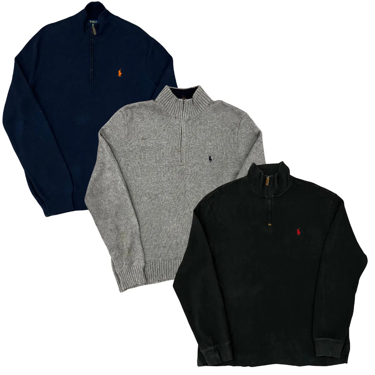 Collection of Three quarter-zip knit sweaters and sweats by Polo Ralph Lauren are displayed in a stacked arrangement on a white background: navy blue, heather gray, and black. Each sweater features the brand's signature embroidered polo player logo on the left chest. in a gallery layout
