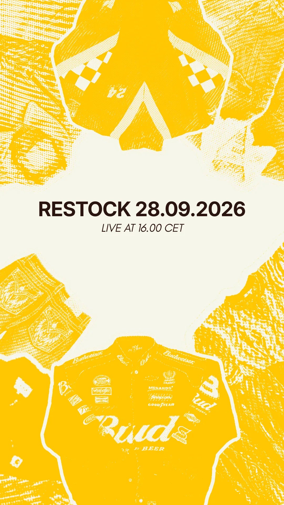 A yellow and off-white graphic poster with illustrated racing-style elements and large text reading 'RESTOCK 28.09.2026'