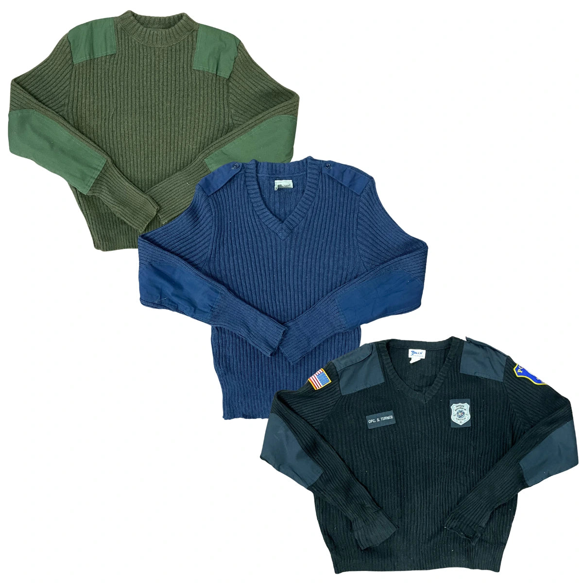 Collection of Three vintage ribbed knit pullover sweaters arranged diagonally on a white background: an olive green sweater with green shoulder patches, a blue V-neck sweater with blue shoulder patches, and a dark navy police-style sweater with dark gray shoulder patches and badges. in a gallery layout